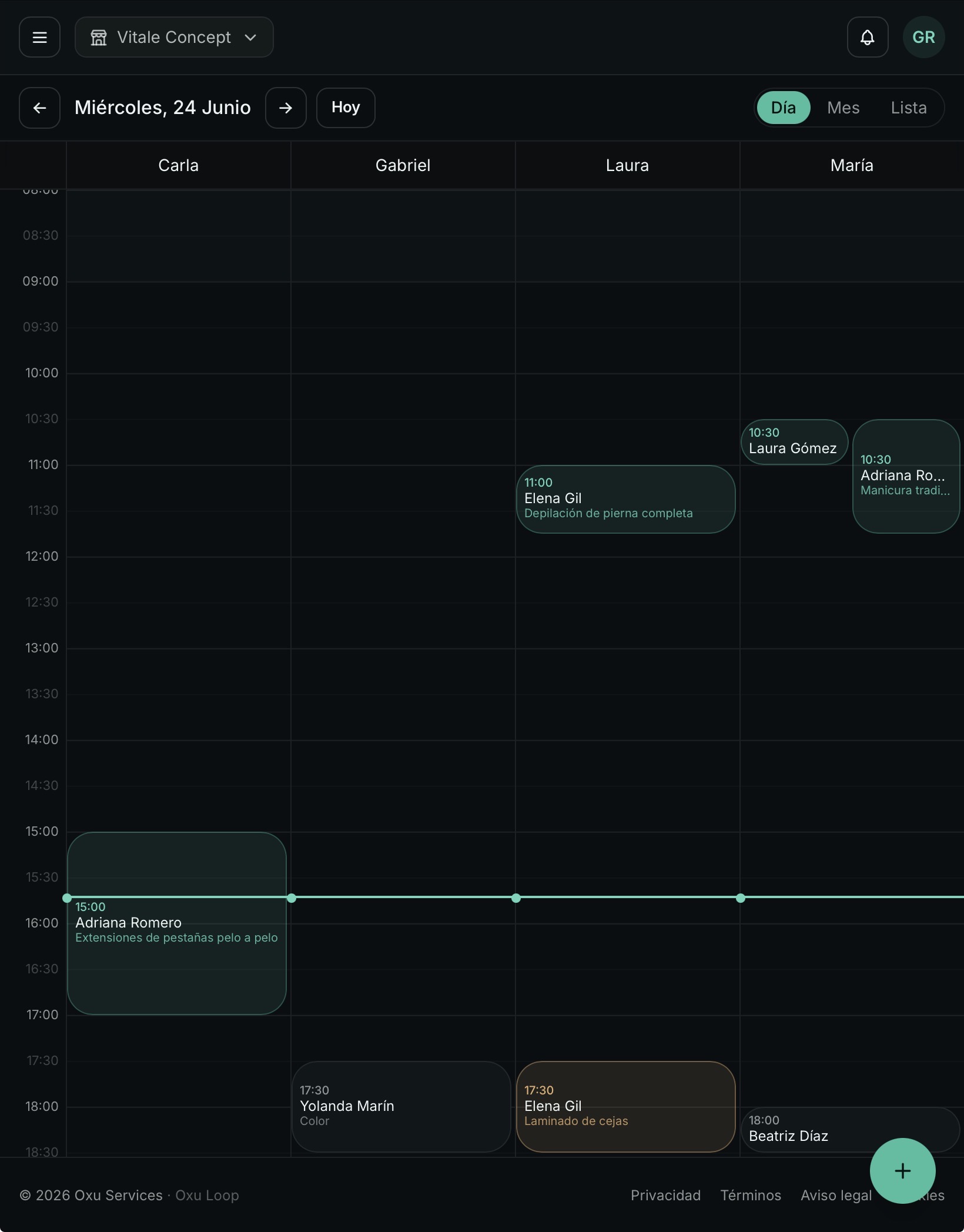 Agenda y calendario: Tu agenda a pantalla completa, con columnas por profesional y vistas de día, mes y lista.