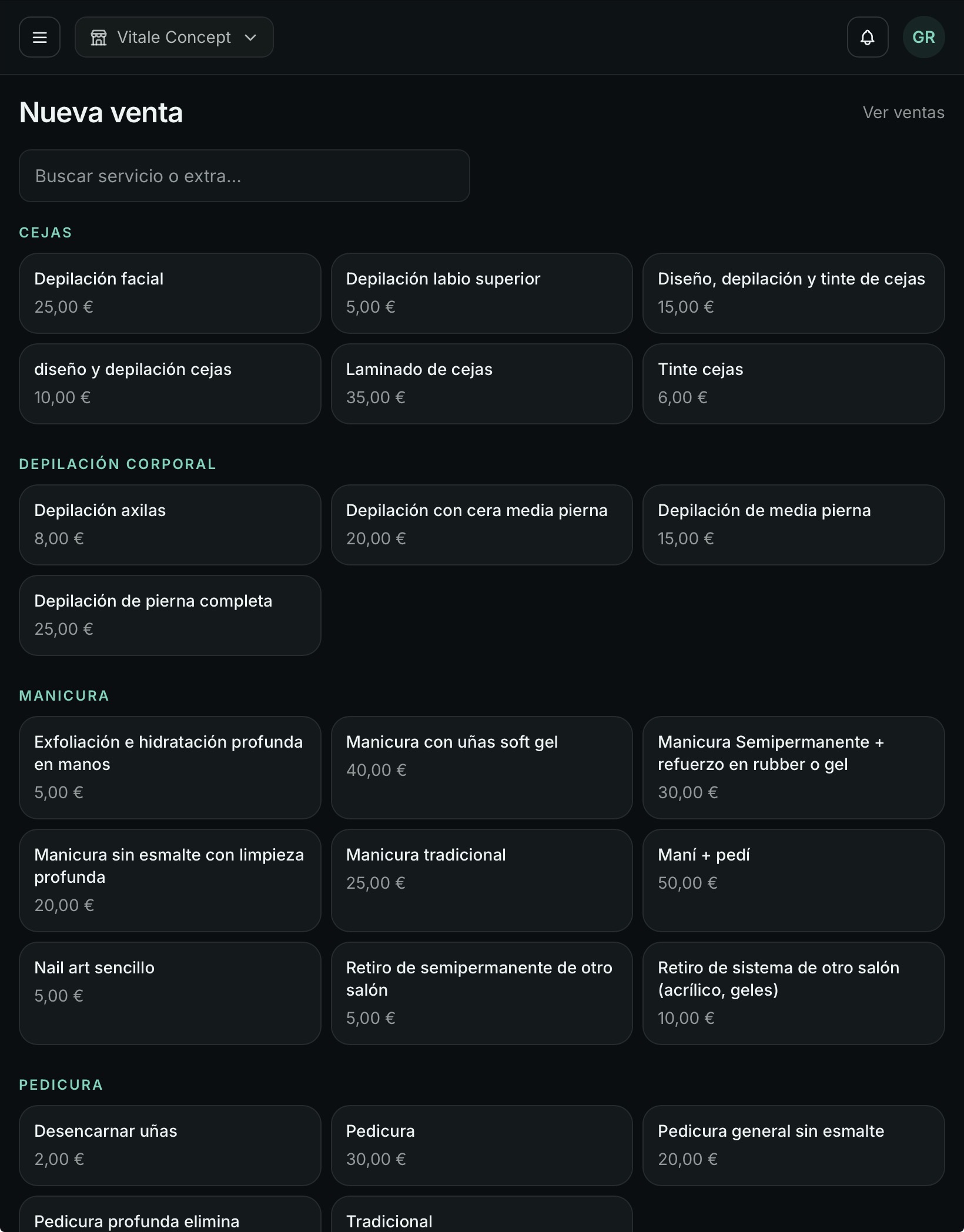 TPV / Punto de venta: Monta el ticket tocando servicios del catálogo y cobra en tres toques.
